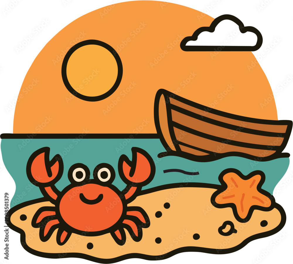 Fototapeta premium Cute Crab at Sunset Beach Illustration