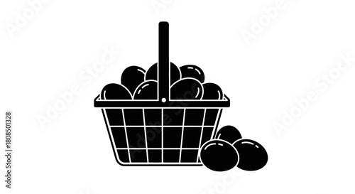 Black Silhouette of Egg Basket, Shopping Basket Full of Eggs, Solid Icon for Farm Produce