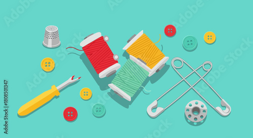 Flat Lay of Sewing and Tailoring Tools, Colorful Spools of Thread and Buttons, DIY Hobby Background