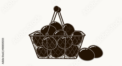 Wire Basket with Dark Chocolate Eggs, Vintage Shopping Basket with Goods, Easter Egg Hunt Illustration