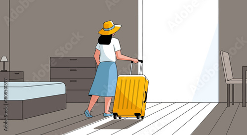 Stylish Woman with Yellow Luggage in Room, Tourist Checking In to Accommodation, Cartoon Travel Scene