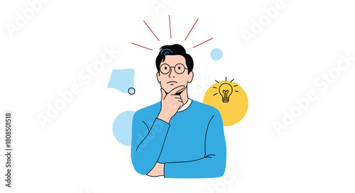 A thoughtful man wearing glasses holds his chin while thinking, with a lightbulb symbolizing an idea.