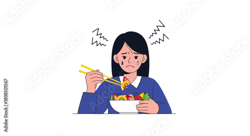 Sad girl struggling to eat a bowl of fruit with chopsticks, looking unhappy.