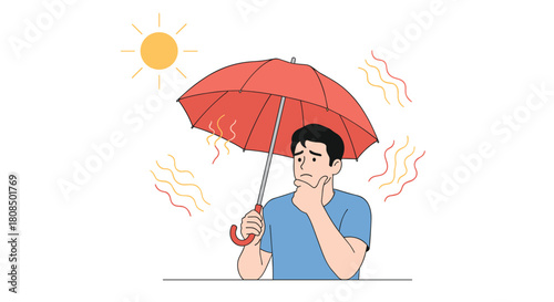 Man holding a red umbrella for shade from the sun on a hot day.