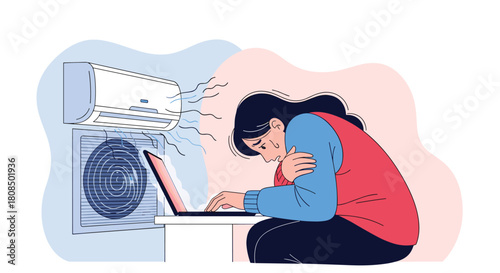 Person feeling cold from air conditioning while working on a laptop.