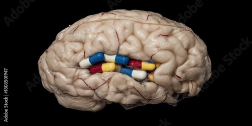 Fragmented mind. A shattered human brain intertwined with scattered painkiller capsules whose glossy surfaces reflect distorted memories. Suitable for medical, mental-health, pharmaceutical concepts.