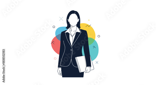 Faceless woman in a dark suit holding a folder, surrounded by abstract colorful shapes and lines.