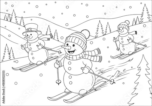 Winter Snowman Skiing Fun Coloring Book Page for Kids A Delightful Outdoor Activity and Creative Expression