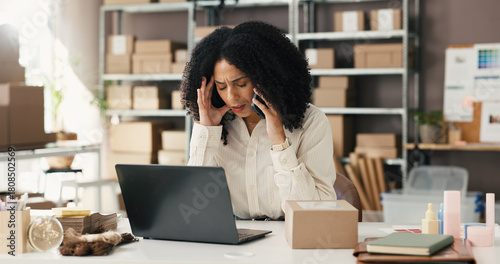 Laptop, woman or phone call with stress in logistics for supplier delay, delivery mistake or crisis. Ecommerce, small business owner and speaking to client for lost package, shipping error and worry