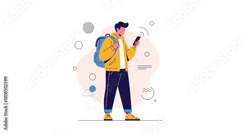 Young traveler with backpack looking at smartphone with abstract shapes in background.