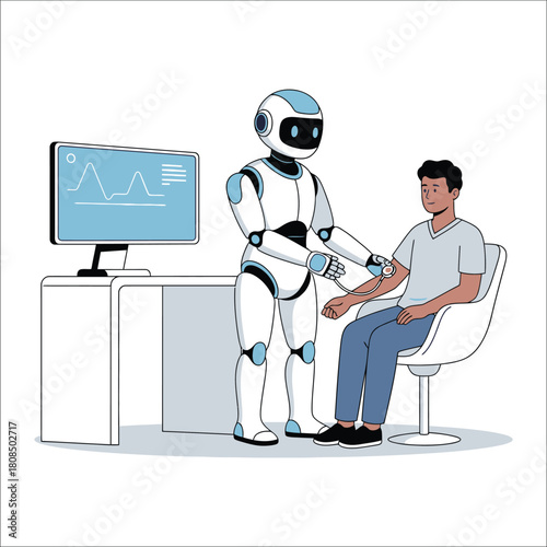 Robot Measuring Blood Pressure of a Man in a Medical Setting android healthcare