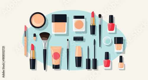 Flat illustration of various makeup products arranged on a light blue background.