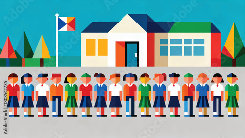 Illustration Of A Group Of Elementary School Students Lining Up Neatly In Front Of The School Vector Design Template