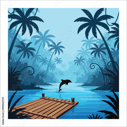 Dolphin leaps from blue water near wooden pier in lush jungle leaping jumping