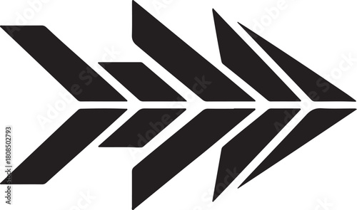 Abstract geometric arrow shape design with sharp pointed ends and layered segments creating a sense of forward motion isolated on white background.