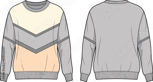 Fashion flat vector of women’s color-blocked sweatshirt with ribbed cuffs, geometric chevron panel design, long sleeves, stylish casual pullover