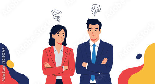 Two confused business people with arms crossed stand with wavy abstract shapes around them.