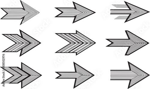 Collection of nine hand drawn arrow illustrations with various styles and patterns isolated on white background.