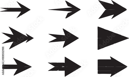 Collection of abstract geometric polygonal arrow shapes pointing to the right rendered in a dark gray low poly style isolated on white background.