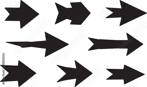 Collection of abstract geometric polygonal arrow shapes pointing to the right rendered in a dark gray low poly style isolated on white background.