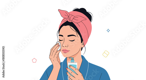 Woman applying skincare product with a cotton pad while wearing a headband and bathrobe.
