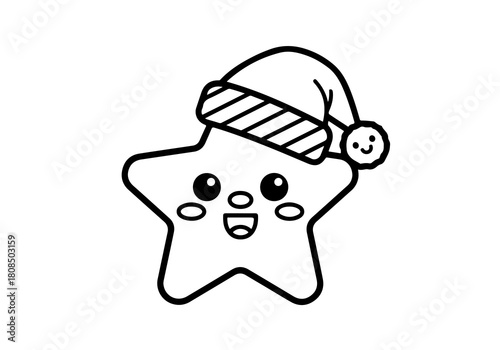 Kawaii Star Coloring Book Page for Kids - Adorable Cute Star with Santa Hat for Holiday Fun and Creative Activities