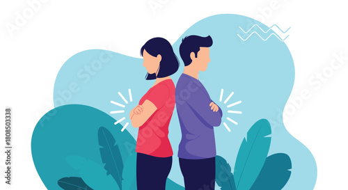Couple standing back to back with arms crossed, depicting conflict or disagreement.