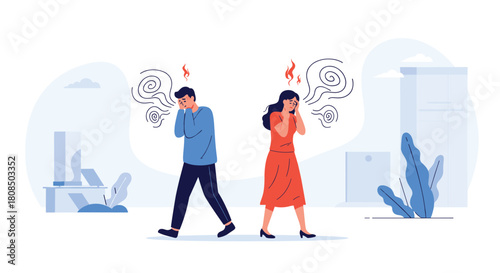 Frustrated couple with steam coming from heads symbolizing anger and conflict in a city setting.