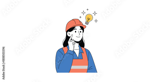 A female construction worker in an orange helmet and blue uniform gets a brilliant idea, symbolized by a light bulb.