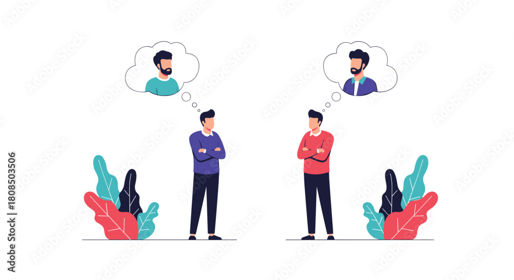 Fototapeta premium Two men standing with arms crossed, thinking about each other with thought bubbles above their heads.