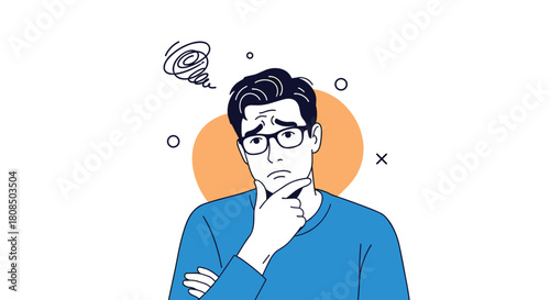 Confused young man wearing glasses with hand on chin, thinking hard with question marks above his head.