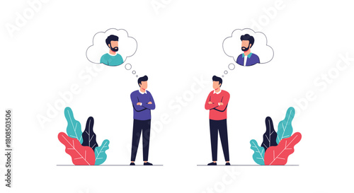 Two men standing with arms crossed, thinking about each other with thought bubbles above their heads.