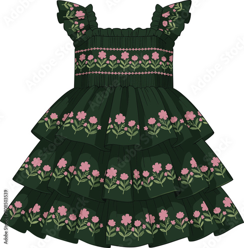 Floral layered girl dress vector template with ruffle sleeves, tiered skirt design, detailed fashion sketch for children apparel illustration