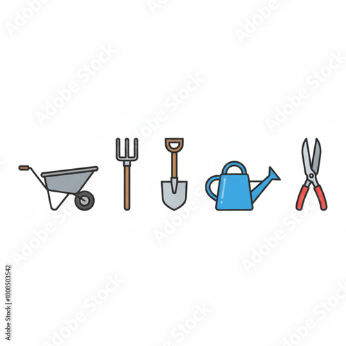 Gardening Tools Line Art Wheelbarrow, Pitchfork, Shovel, Can, Shears