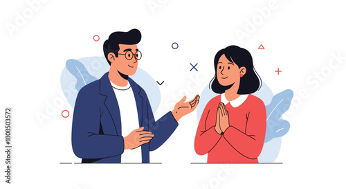 Man and woman in conversation with decorative elements in the background.