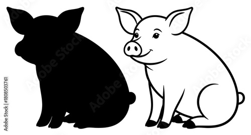 Cute Sitting Piglet Silhouette and Outline Sketch on Transparent Background