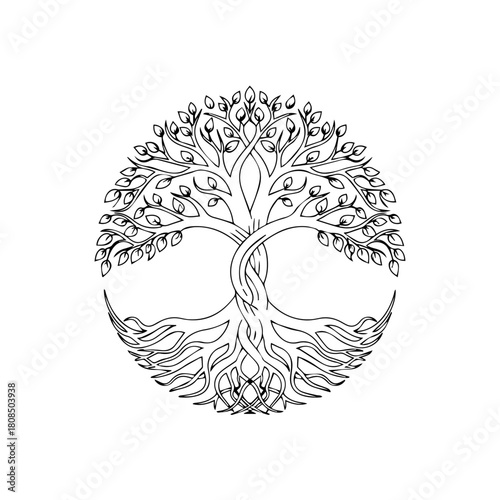 Stylized circular tree of life illustration, an emblem representing profound concepts of growth, resilience, interconnectedness, and the timeless cycle of natural harmony and vitality