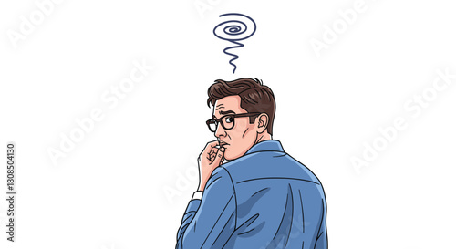 Man wearing glasses bites his nails in confusion with a swirl above his head.