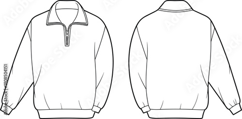 Half zip sweatshirt flat sketch, CAD garment drawing, vector fashion template, apparel technical illustration, clothing design outline for designers and manufacturers