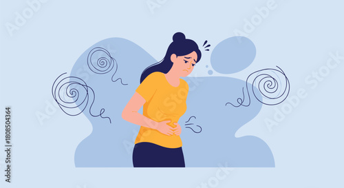 Woman clutching her stomach in pain with swirling lines indicating distress and discomfort.