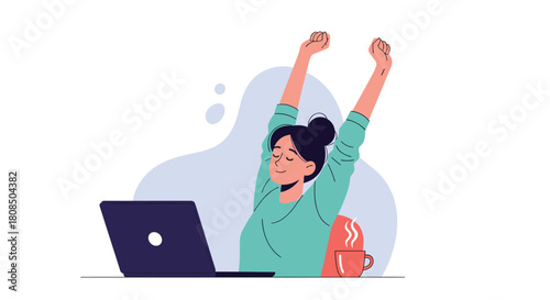 A woman stretching her arms up while sitting at a desk with a laptop and a mug of coffee.