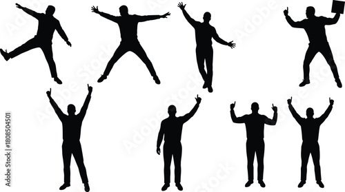Dynamic silhouette poses, expressive body movement, jumping figure, raised arms, celebration gesture, standing action, energetic stance, emotion, motion, presentation