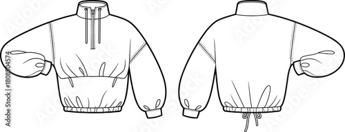 High quality pullover sweatshirt front and back fashion technical flat sketch with zipper collar, elastic hem, sleeve details, cad drawing flat vector illustration