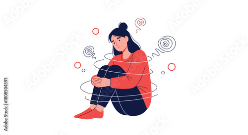 Woman sitting with knees pulled to chest surrounded by swirling lines and circles representing anxiety.