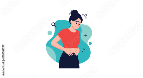 Illustration of a woman holding her stomach in discomfort with a worried expression.