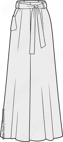 High-Waisted Maxi Skirt Flared A-line with Sash Tie Belt Fashion Flat Technical Drawing CAD Vector Template Illustration for Apparel Design.