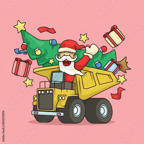 Cartoon Santa waving while driving a yellow mining truck loaded with Christmas trees and gifts for festive industrial themes.