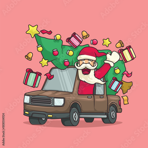 Cartoon Santa waving while driving a double cabin light truck filled with Christmas trees and gifts for festive holiday themes.