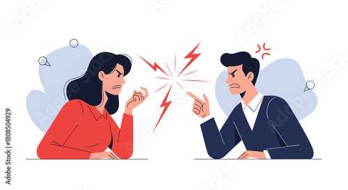 Two angry people arguing with lightning bolts and angry symbols between them.