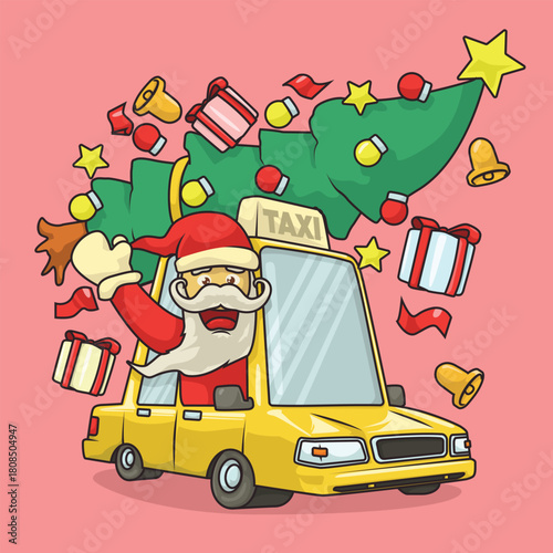 Cartoon Santa driving a taxi loaded with Christmas gifts and a tree, perfect for festive taxi driver and holiday themes.